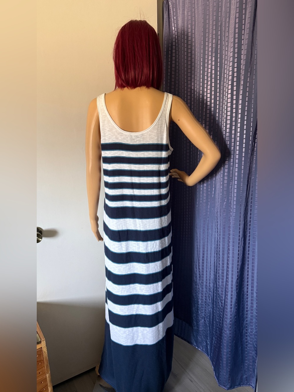 Vince 100% Linen Maxi Dress L Blue White Striped Sleeveless Long 60” - Picture 6 of 8